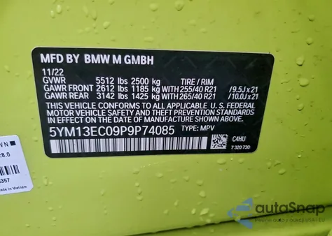 2023 BMW X3 M из США, поврежденный, VIN 5YM13EC09P9P74085